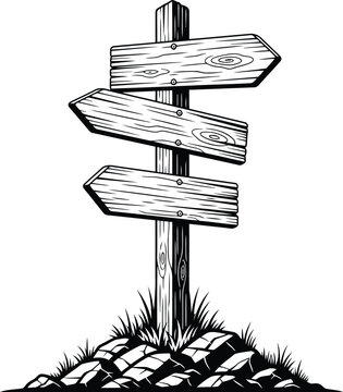 Wooden directional signpost with three arrows pointing left and right