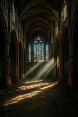 Obraz premium Dramatic light rays streaming through colorful stained-glass windows inside dark abandoned Gothic cathedral.