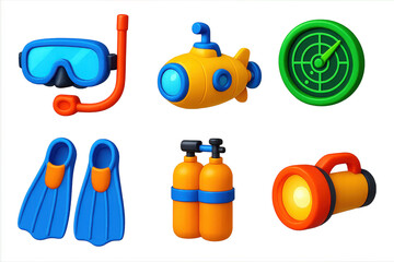 Ocean Exploration Icons. 3D icon set of ocean exploration: diving mask, submarine, sonar screen, flippers, oxygen tank, underwater