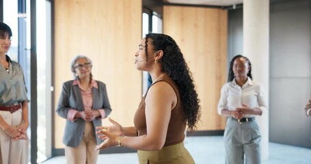 Speaker, convention and business woman at seminar for motivational speech, presenter and coaching event. Corporate training, public speaking and leadership program with employees at expo for forum