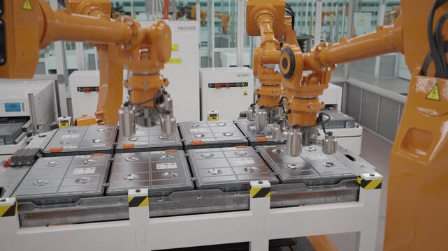 Fully automated EV production line with robotic arms assembling battery modules for the automotive industry. Modern autonomous car factory. Close-up view. Looping video. Looping 3d animation render