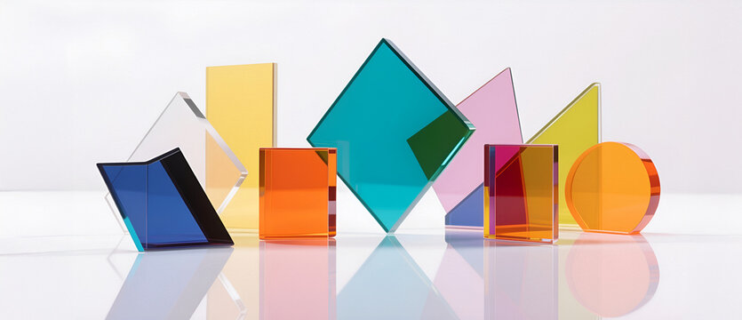 Elementi geometrici artistici realizzati in plastica trasparente e colorata su uno sfondi chiaro riflettente