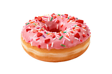 Delicious donut with pink icing and colorful sprinkles
