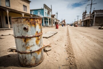 Fototapeta premium An old, rusted barrel sits on a dusty street in a deserted town, surrounded by vintage buildings, evoking a sense of decay and abandonment.