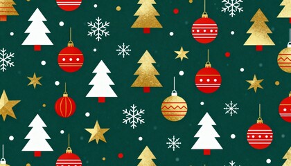 Seamless Christmas pattern with modern minimal icons, red gold white palette, flat clean festive design.