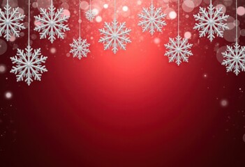 Red winter or Christmas background with beautiful snowflakes, greeting card or poster template with space for text
