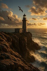 Fototapeta premium Dramatic stone lighthouse on rocky cliff with crashing waves during stormy golden sunset with dark dramatic cloudy sky