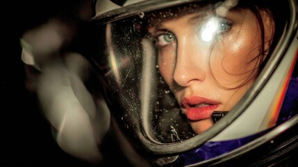 A woman's face behind a helmet visor with water droplets. A dramatic look, reflections, and glass texture.