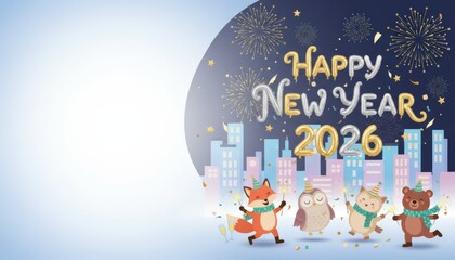 Celebratory new year event featuring cute cartoon animals in a cityscape illustrative design with fireworks happy new year 2026 theme cheerful environment whimsical viewpoint