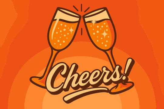 70s Champagne Cheers. Champagne glasses cheers. 70s poster vibe, warm festive gradient, thick outlines, offset