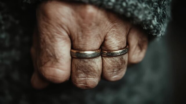 Close-up of Aged Hand with Wedding Rings.