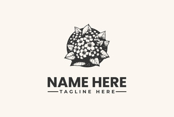 Black and white illustration of a stylized flower logo with a placeholder name and tagline on a plain beige background.