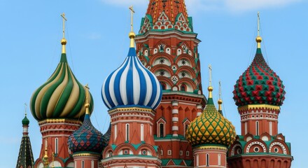 Saint Basil's Cathedral Domes, Moscow, Russia: Architecture, Landmarks, and Vibrant Colors Against a Clear Blue Sky