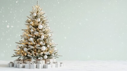 Beautifully decorated christmas tree with gifts on a snowy surface in a festive holiday setting with a soft green background