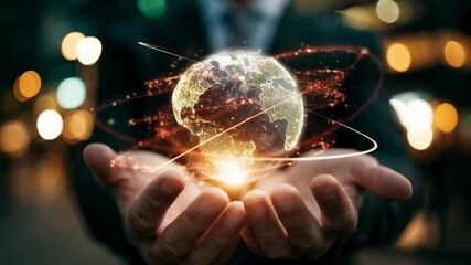 Business person holds glowing digital globe hologram in hands symbolizing global network innovation leadership and future technology connection - Powered by Adobe