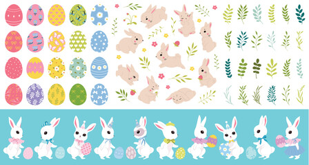 Easter bunnies, color cutie bows, pattern eggs. Spring collection. Sticker design. Set of easter eggs, cute white rabbits. Happy Easter. Greeting cards, birthday decoration, poster art, kids room