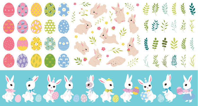 Naklejki Easter bunnies, color cutie bows, pattern eggs. Spring collection. Sticker design. Set of easter eggs, cute white rabbits. Happy Easter. Greeting cards, birthday decoration, poster art, kids room