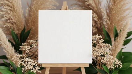 A blank white canvas on a wooden easel with pampas grass and flowers