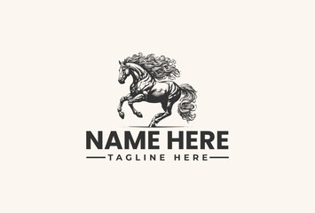 Vector logo illustration of a rearing horse with flowing mane and tail, accompanied by placeholder text on a clean background.