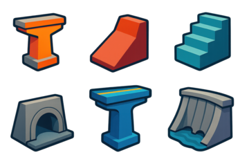 3D Concrete Icons. 3D icon set of concrete structures: bridge pillar, retaining wall, staircase block, tunnel arch, highway column
