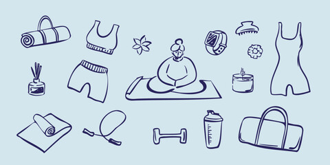 Hand drawn pilates and yoga set with sportswear, workout accessories, poses, and wellness element. Perfect for fitness design, workout planners, and health branding. Vector illustration.
