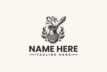 Black and white vector illustration of a stylized mortar and pestle logo with leaves and swirls on a beige background, with space for a name and tagline.