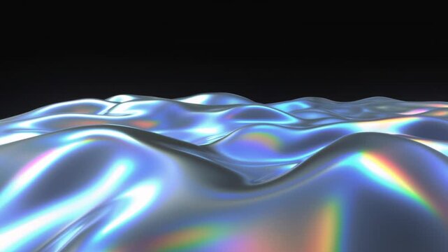 Abstract holographic liquid metal background, iridescent chrome waves flowing smoothly, futuristic 3d molten fluid animation with rainbow reflections, clean glossy texture for tech and fashion.