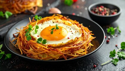 Crispy Shredded Potato Nest with Poached Egg and Bacon on Black Plate