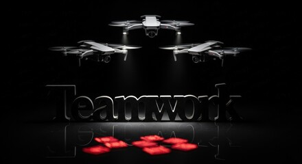Synchronized Futuristic Drones in Triangular Hover – Dark Teamwork Concept with Glowing Red Data Chips on Reflective Surface