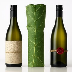 Three wine bottles featuring creative packaging designs including embossed paper leaf texture and wax seal
