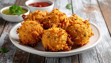 Golden-Brown Fritters in Gray Bowl with Mint Garnish on Rustic Wooden Surface