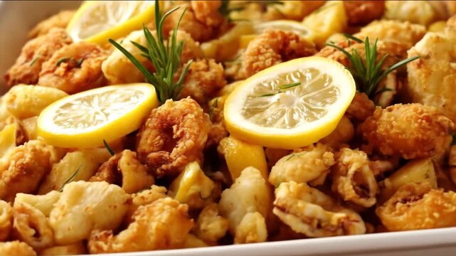 A vibrant platter of golden fried seafood including shrimp and calamari, garnished with fresh lemon slices and rosemary, set against a soft-focus kitchen background