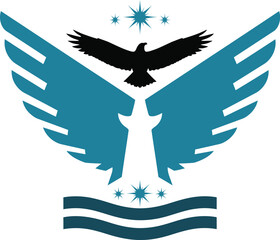 Winged emblem with flying bird and stars vector design
