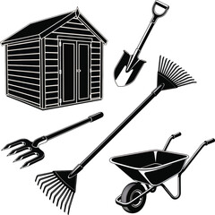 Garden tools and storage shed vector illustration set