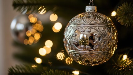 Closeup of a beautifully decorated christmas tree with a shiny silver ornament and warm glowing lights in the background during the holiday season