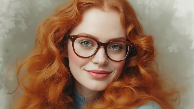 Opening closeup urging woman brushing hair, smiling, tilting head in studio with brown frames