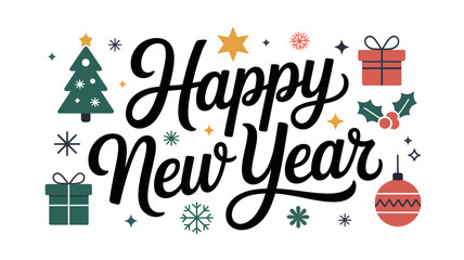 Happy New Year Celebration Text with Christmas Tree and Gifts