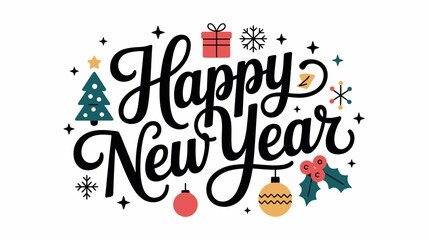 Fototapeta premium Happy New Year Celebration Text with Christmas Decorations