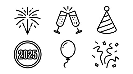 New Years Eve celebration icons including fireworks champagne party hat and confetti perfect for holiday invitations and event design