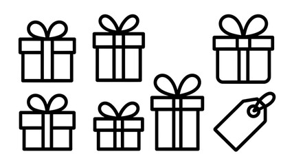 Collection of gift box icons with bows and a price tag simple outline vector graphics for holiday sales and celebration concepts isolated on white