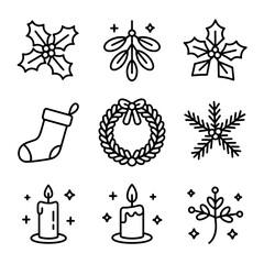 Collection of festive Christmas icons including holly mistletoe stocking wreath snowflake and candles perfect for holiday design and decoration