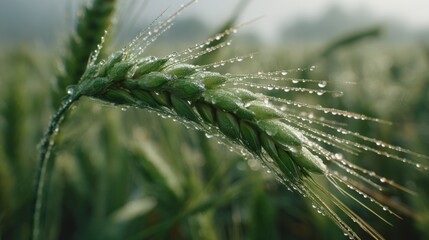Fototapeta premium Fresh Wheat Ear with Dew Drops Glistening in Morning Light, Agriculture and Harvest Close-Up