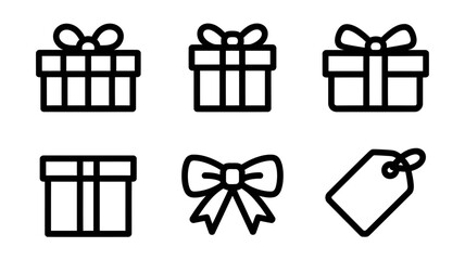 Collection of gift box and tag icons simple outline vector graphics for celebration and shopping concepts isolated on white