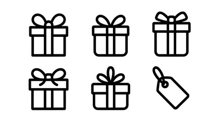 Collection of simple gift box icons with bows and a price tag minimalist vector graphics for holiday sales and promotions isolated on white