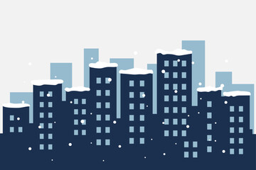 Winter city panorama flat vector illustration dark blue silhouette city