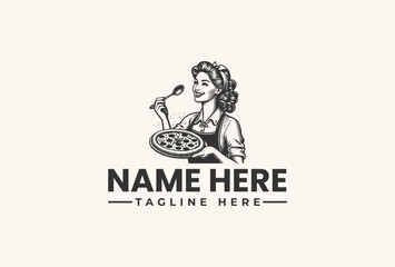 Black and white vector illustration of a smiling woman holding a pizza and utensil with a customizable name and tagline on a plain background.