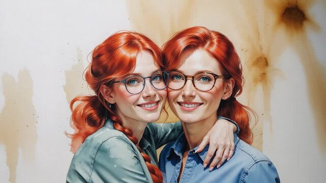 Standing close, sisters embracing against watercolor wall in studio wearing shirts and eyeglasses