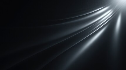 Abstract dark background with elegant flowing silver light rays and subtle dust particles illuminating the scene