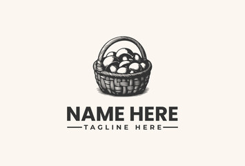 Black and white illustration of a wicker basket filled with eggs and customizable text on a beige background for a logo or branding template.