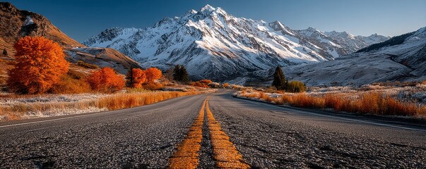 A scenic autumn road winds through orange trees toward snowy mountains and expansive landscape today
